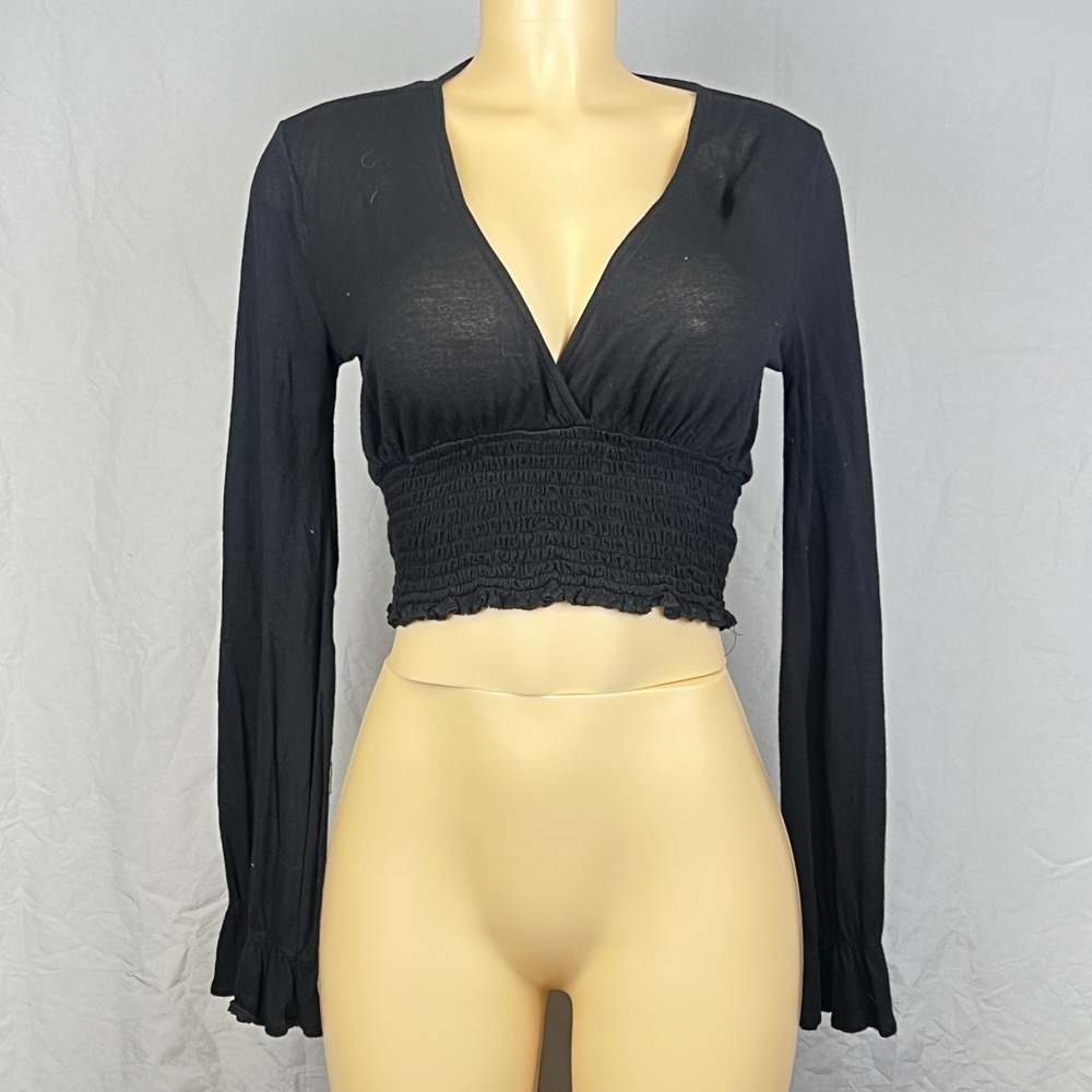 Urban Outfitters Crop Top Medium Black Smocked Long Sleeve Coquette Ballet Fairy
